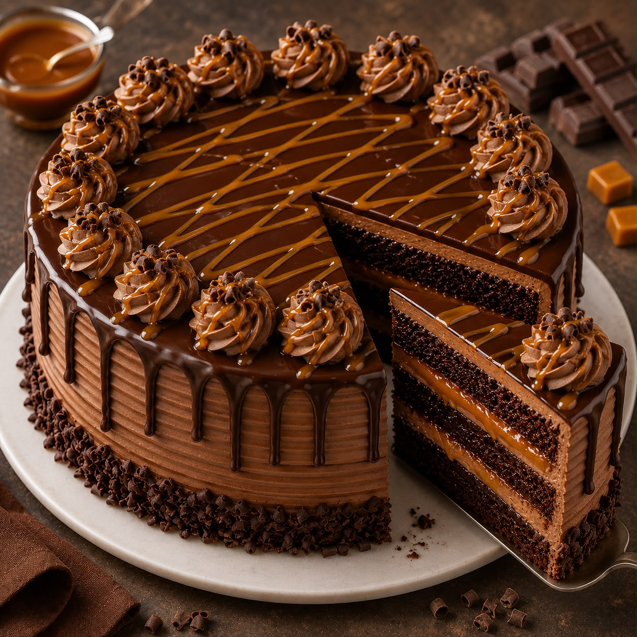 Chocolate and caramel cake slice